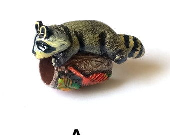 Raccoon, artistically hand-painted, mini-sculpture,animal dreadlock bead, dread decoration, dreadlock cuff, hair decoration, dreadlocks