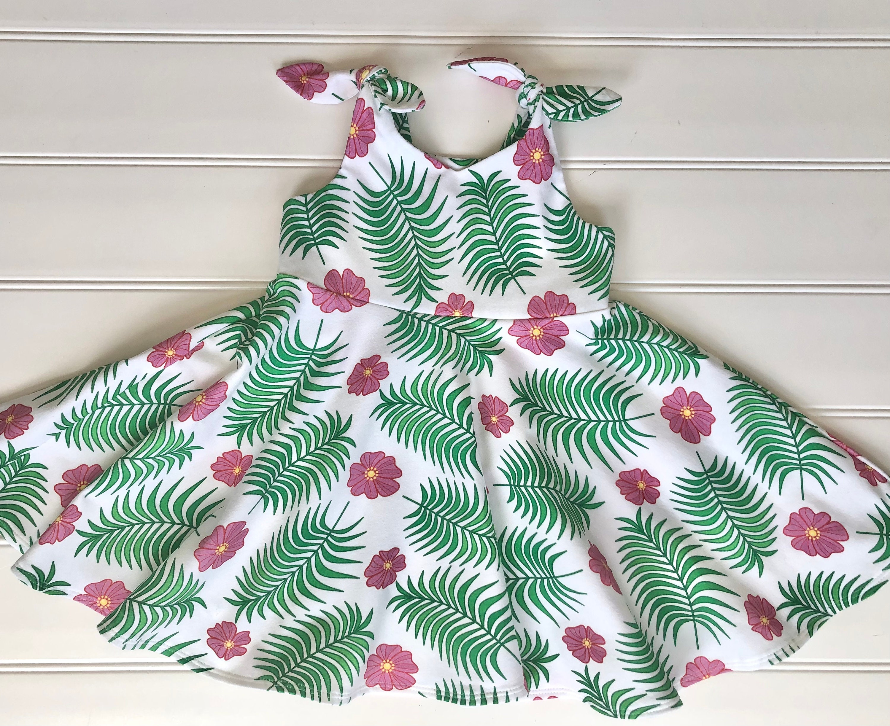 Girls Luau Dress: Pink Hibiscus, Green Palm, Island Vacation