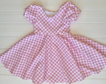 Pink Gingham Girls Dress: Organic Cotton Jersey, Twirly Skirt