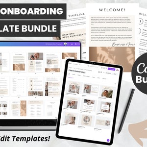Pode incluir: Um pacote de modelos Canva para onboarding de clientes, incluindo uma tela de laptop que exibe uma variedade de modelos, uma tela de tablet que exibe um modelo de onboarding de clientes e uma caneta em uma superf&iacute;cie branca. O texto "Canva Bundle" &eacute; exibido em um c&iacute;rculo preto.