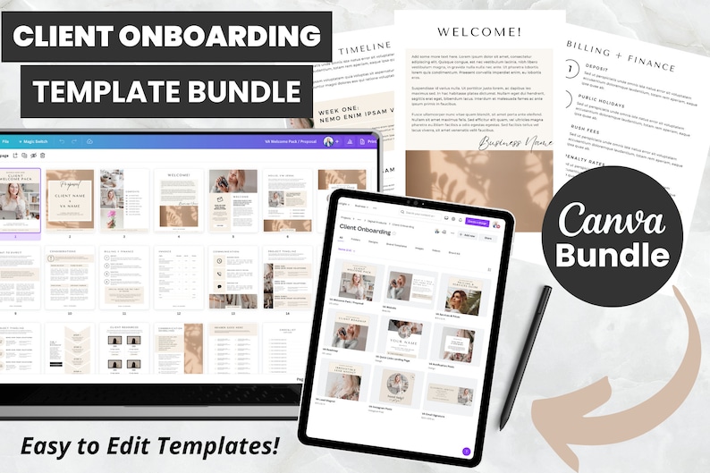 Pode incluir: Um pacote de modelos Canva para onboarding de clientes, incluindo uma tela de laptop que exibe uma variedade de modelos, uma tela de tablet que exibe um modelo de onboarding de clientes e uma caneta em uma superf&iacute;cie branca. O texto "Canva Bundle" &eacute; exibido em um c&iacute;rculo preto.