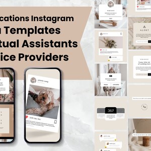 Pode incluir: Uma colagem de 30 modelos de notifica&ccedil;&otilde;es do Instagram para assistentes virtuais e prestadores de servi&ccedil;os. Os modelos s&atilde;o projetados em um estilo minimalista com um fundo bege e apresentam v&aacute;rios elementos como cita&ccedil;&otilde;es, alertas e &iacute;cones de m&iacute;dia social.