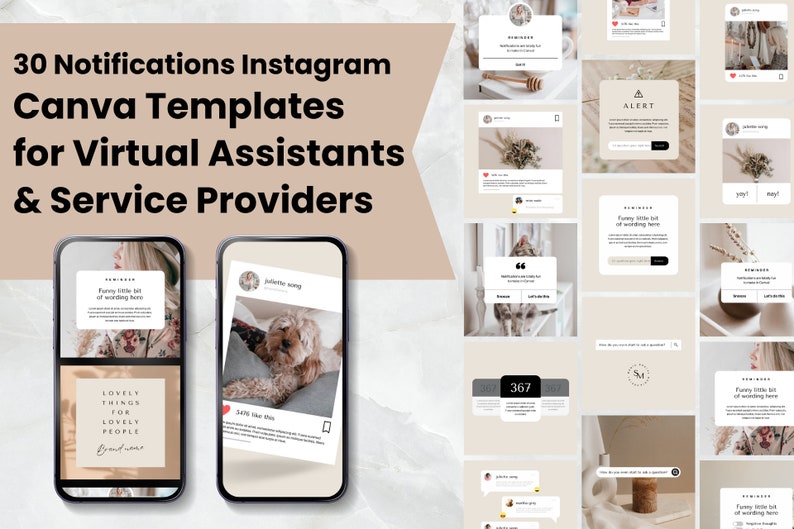 Pode incluir: Uma colagem de 30 modelos de notifica&ccedil;&otilde;es do Instagram para assistentes virtuais e prestadores de servi&ccedil;os. Os modelos s&atilde;o projetados em um estilo minimalista com um fundo bege e apresentam v&aacute;rios elementos como cita&ccedil;&otilde;es, alertas e &iacute;cones de m&iacute;dia social.