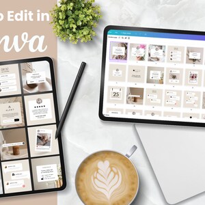 Pode incluir: Uma tela de tablet exibindo um modelo de design Canva com uma grade de 16 layouts de postagem de m&iacute;dia social. O design apresenta uma paleta de cores neutras com tons bege, branco e marrom. O texto "Easy to Edit in Canva" &eacute; exibido na parte superior da imagem.