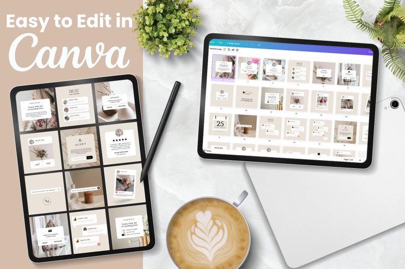 Pode incluir: Uma tela de tablet exibindo um modelo de design Canva com uma grade de 16 layouts de postagem de m&iacute;dia social. O design apresenta uma paleta de cores neutras com tons bege, branco e marrom. O texto "Easy to Edit in Canva" &eacute; exibido na parte superior da imagem.