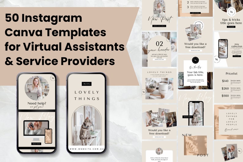 Pode incluir: Uma cole&ccedil;&atilde;o de 50 modelos Canva para Instagram para assistentes virtuais e prestadores de servi&ccedil;os. Os modelos apresentam uma est&eacute;tica minimalista com uma paleta de cores neutras bege, marrom e branco. Os modelos incluem caixas de texto para adicionar seu pr&oacute;prio conte&uacute;do, bem como imagens e &iacute;cones. Os modelos s&atilde;o projetados para ajud&aacute;-lo a criar postagens profissionais e envolventes no Instagram.