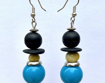 Dangle earrings, black, blue, & yellow beads, Curious Composition 3