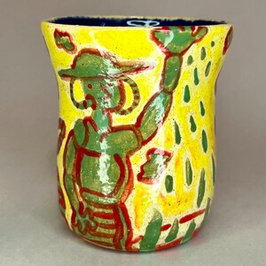 Ceramic Mug, Yellow, Blue, and Green with Painted People & Animals