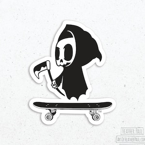 Skateboarding Grim Reaper Sticker, Skateboarder Gifts, Skateboard Aesthetic, Skateboard Vibes, Journal Sticker, Laptop Decal, Vinyl Sticker