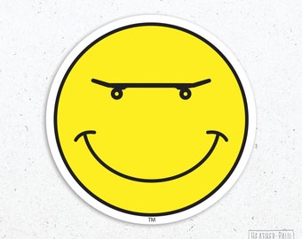 Skateboard Smiling Face Sticker, Skateboarder Gifts, Skateboard Aesthetic, Skateboard Vibes, Journal Sticker, Laptop Decal, Vinyl Sticker