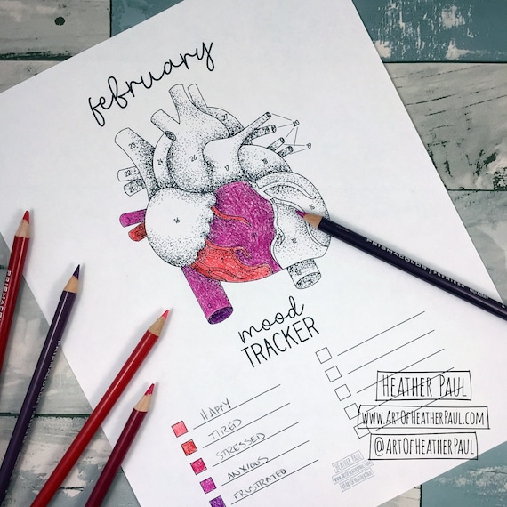 February Mood Tracker, Dot Journal, Letter, A4, A5, Printable, Digital Download, Mood Tracker, Monthly Mood Tracker, Anotomical Heart