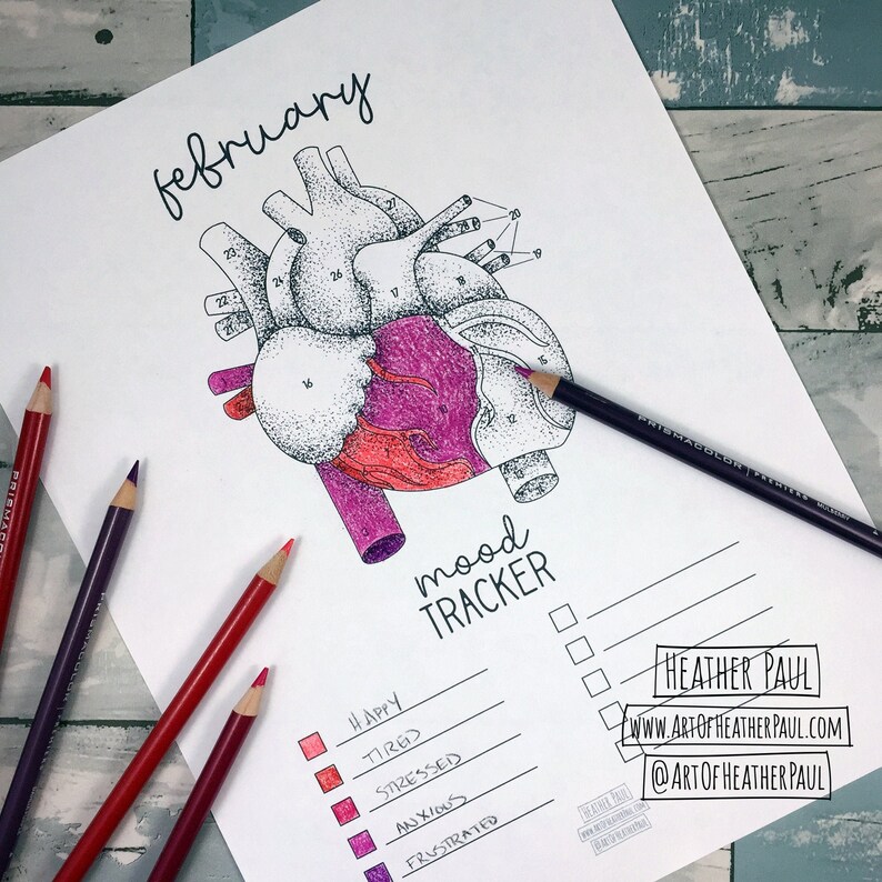 Pu&ograve; includere: Un tracker di umore stampabile per febbraio, con un design a forma di cuore con punti numerati da colorare. Il cuore &egrave; diviso in sezioni, ognuna rappresentante un umore diverso: felice, stanco, stressato, ansioso e frustrato. Il tracker di umore include un elenco di controllo per ogni giorno del mese.
