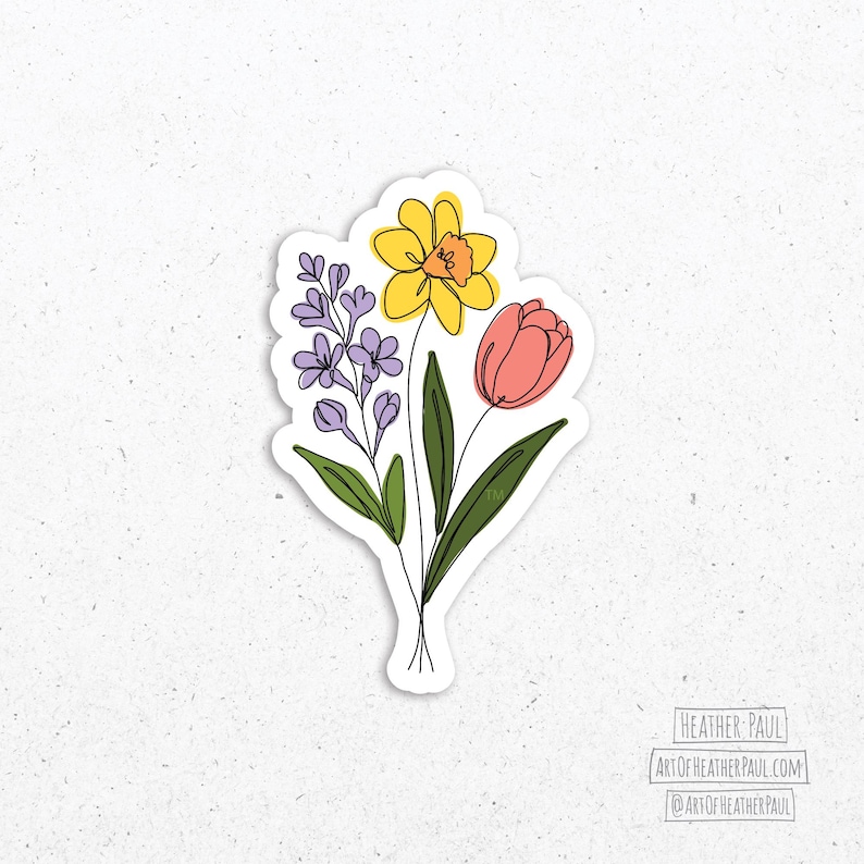 sticker featuring a purple freesia, a yellow daffodil with and orange center and a  pinkish-red tulip over a white background with gray speckles