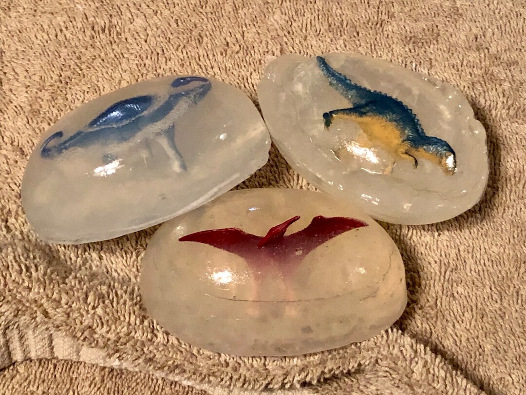 Dinosaur Glycerin Soap With a Plastic Toy Inside. Unscented Large Bar