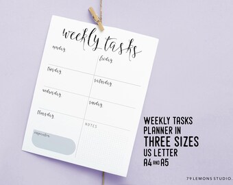 Weekly Tasks Planner, Printable Productivity Organiser for Instant Download