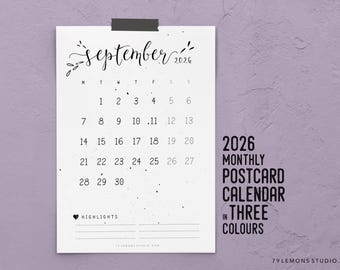2026 Printable Postcard Calendar for Instant Download. Monday and Sunday Start + a full year overview.