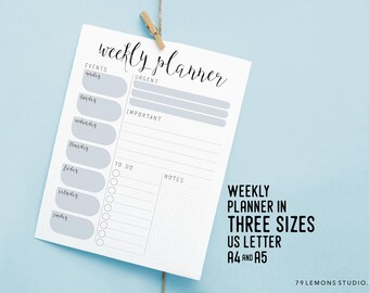 Weekly Printable Planner, Printable Productivity Organiser for Instant Download
