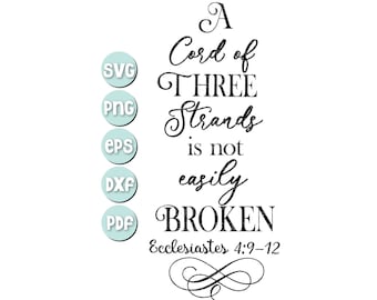 Puede incluir: Un gráfico en blanco y negro con una textura desgastada que presenta el texto "A Cord of Three Strands is not easily BROKEN" con la referencia bíblica "Eclesiastés 4:9-12" debajo. El gráfico está rodeado de un adorno decorativo.