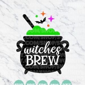 May include: Black and white silhouette of a cauldron with green liquid inside and a black bat flying above. The text "witches brew" is written in white on the cauldron. The image is on a white marble background.