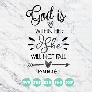 Op de afbeelding: Zwart-wit typografisch ontwerp met een hart- en pijlgrafiek. De tekst luidt "God is in haar, zij zal niet vallen, Psalm 46:5".