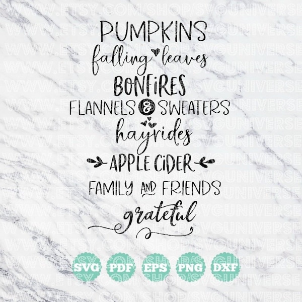 Pumpkins, Falling Leaves, Bonfires, Apple Cider, Family, Grateful | Thanksgiving Subway Art Vinyl Cutting File - Dxf - Eps - SVG - Pdf