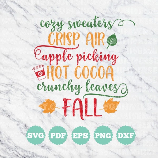 Cozy Sweaters, Crisp Air, Apple Picking, Hot Cocoa, Crunchy Leaves, Fall | Vinyl Cutting File - Dxf - Eps - SVG - Pdf