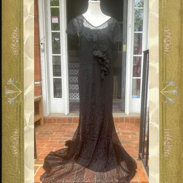Vintage 1930s Black Lace Flower Ruffle Low Back Garden Party Wedding Dress Size S M