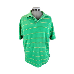 Vintage 90s Polo Ralph Lauren Green Yellow Orange Stripes Polo Shirt Size L