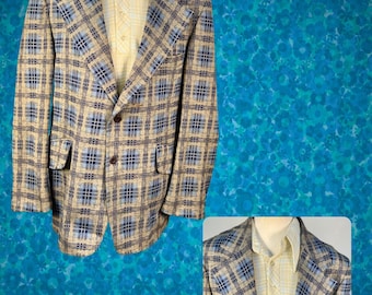 Vintage 70s Tan Powder Blue Check Leisure Suit Warm Weather Blazer 44"