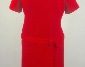 Vintage 1960s Red Jacquard Weave Knit Belted Dropped Waist Short Sleeve Size Large