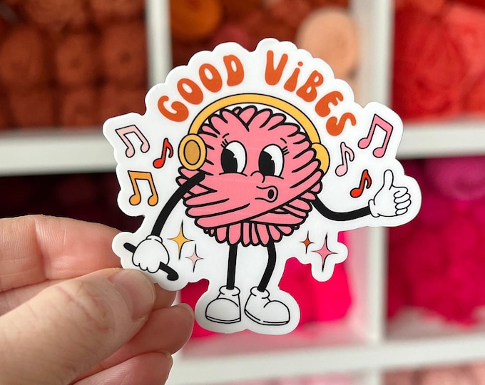 Good Vibes Yarn Ball Sticker, Crafty Sticker, Yarn Ball Mascot Sticker, Retro Yarn Sticker, Cute Yarn Ball Sticker, Gifts for Crocheters