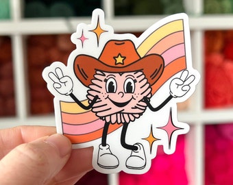 Yarn Ball Cowboy Sticker, Crafty Sticker, Yarn Ball Mascot Sticker, Retro Yarn Sticker, Groovy Yarn Ball Sticker, Gifts for Crocheters