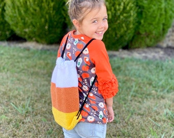 CROCHET Candy Corn Backpack PATTERN, Kids Backpack Pattern, Crochet Halloween Pattern, Drawstring Backpack Pattern, Digital Download