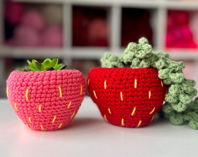 Strawberry Crochet Pattern – DIY Plant Pot Cover PDF for Small Plants