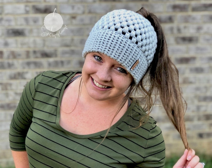 Double Brim Bun Beanie Crochet Pattern, Crochet Messy Bun Beanie Pattern, Crochet Beanie Pattern, Messy Bun Beanie, Warm Crochet Hat Pattern