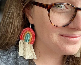 Crochet Rainbow Earrings With Fringe Pattern, Easy Crochet Earrings, Crochet Rainbow Earrings, Handmade Jewelry, Crochet Statement Earrings