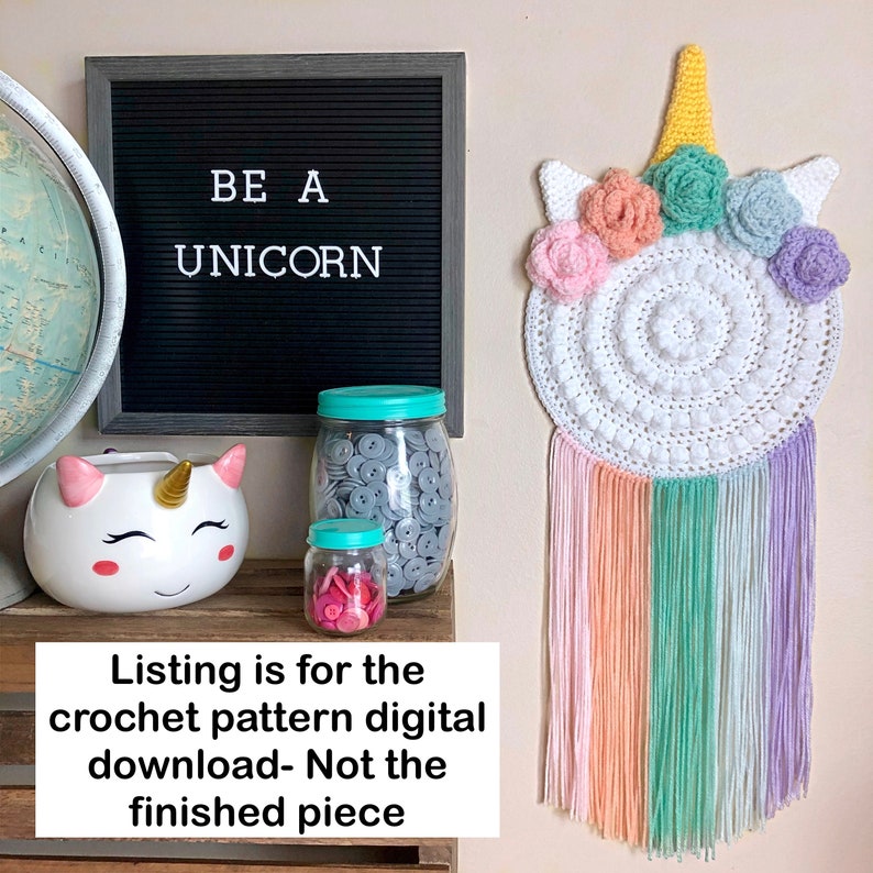 Crochet Unicorn Wall Hanger Pattern, Crochet Unicorn Decor, Crochet Unicorn Pattern, Crochet Room Decor, Crochet Home Decor Textile Wall Art image 7