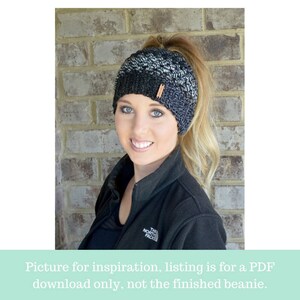 crochet bun beanie modeled by beautiful blond woman in the colors black and gray