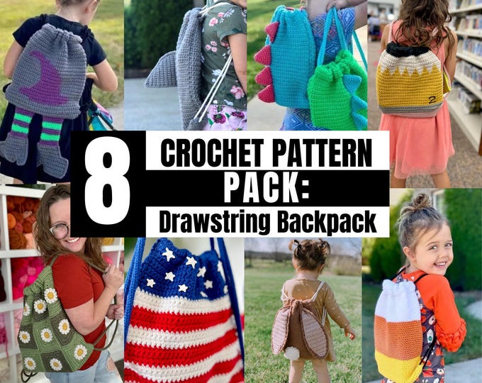 Crochet Backpack Pattern Pack- 8 Crochet Backpack Patterns, Dinosaur Backpack, Bunny Backpack, Crochet Witch, Shark Bag, Pencil Backpack