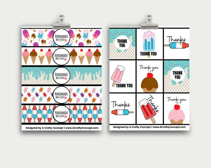 Ice Cream Printable Handmade Label, Handmade With Love Tags For Summer, Ice Cream Product Labels