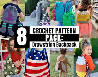 Crochet Backpack Pattern Pack- 7 Crochet Backpack Patterns, Dinosaur Backpack, Bunny Backpack, Crochet Witch, Shark Bag, Pencil Backpack