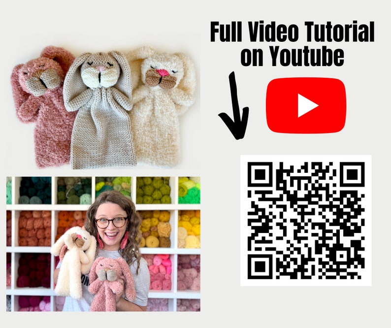 May include: Three handmade bunny puppets in pink, gray, and cream colors. The puppets have long ears and stitched facial features. The image also includes a woman holding two similar puppets, with a shelf of colorful yarn in the background. Text on the image says "Full Video Tutorial on YouTube".