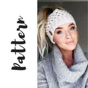 crochet messy bun beanie modeled by beautiful blond woman in the color linen
