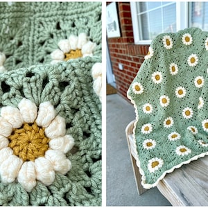 Daisy granny square blanket with a green background, white petals, and a yellow center. The listing is for a digital download crochet pattern and not the finished blanket.