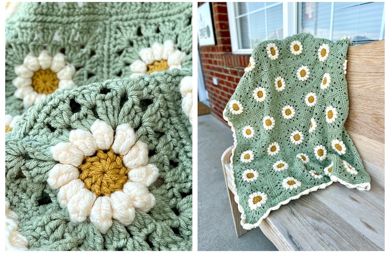Daisy granny square blanket with a green background, white petals, and a yellow center. The listing is for a digital download crochet pattern and not the finished blanket.