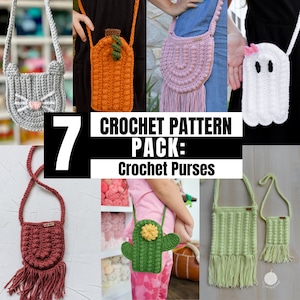 May include: A set of 7 crochet purse patterns. The patterns include a ghost, a pumpkin, a cactus, a cat, a green purse with a fringe, a pink purse with a fringe, and a red purse with a fringe. The text on the image reads "7 CROCHET PATTERN PACK: Crochet Purses".