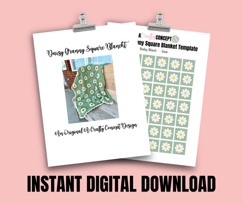 Daisy granny square blanket with a green background, white petals, and a yellow center. The listing is for a digital download crochet pattern and not the finished blanket.