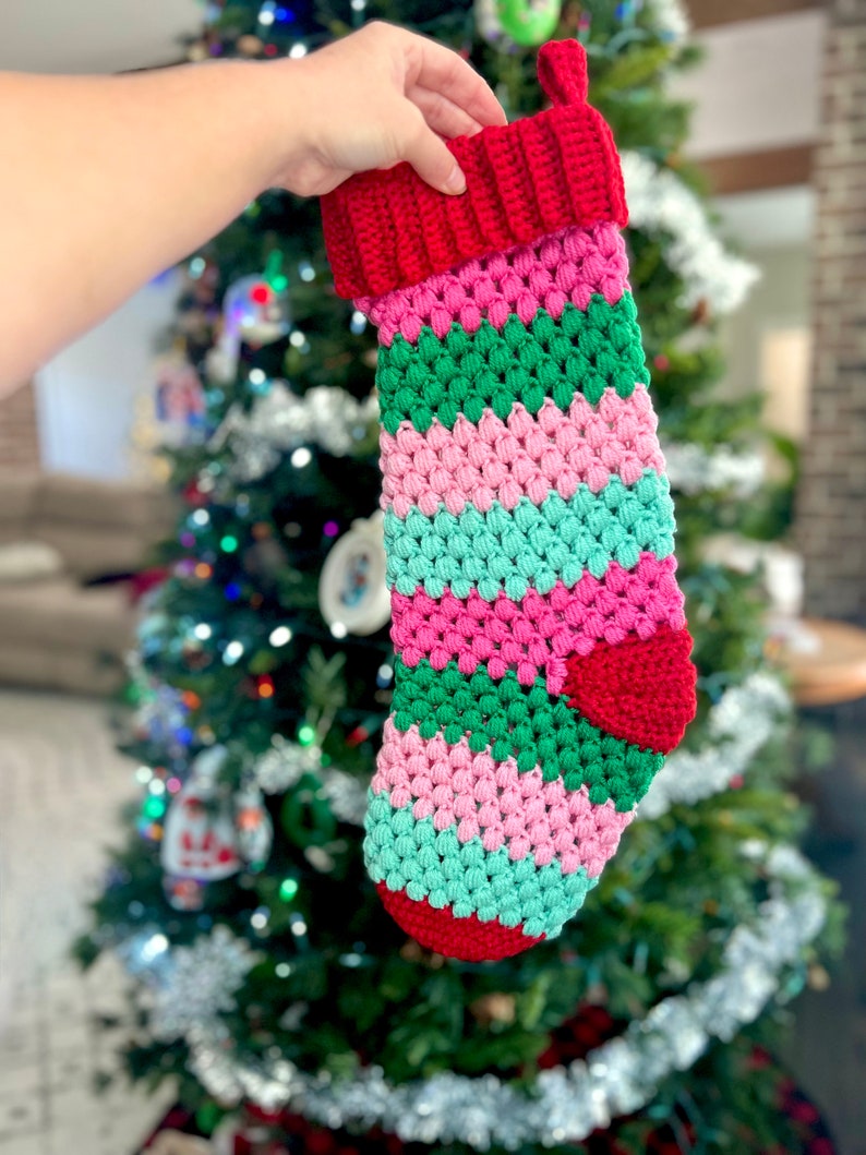 Crochet Christmas Stocking Pattern, Puff Stitch Stocking Pattern, Christmas Crochet Patterns, Crochet Holiday Stocking, Family Stockings image 6