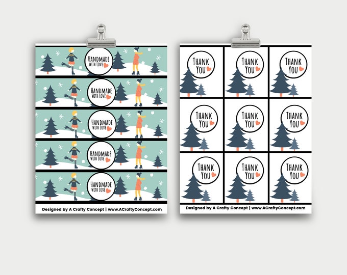 Teal Ice Skating - Handmade with Love - Product Wrap Labels - PDF