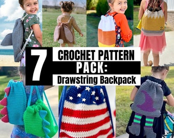 Crochet Backpack Pattern Pack- 7 Crochet Backpack Patterns, Dinosaur Backpack, Bunny Backpack, Crochet Witch, Shark Bag, Pencil Backpack